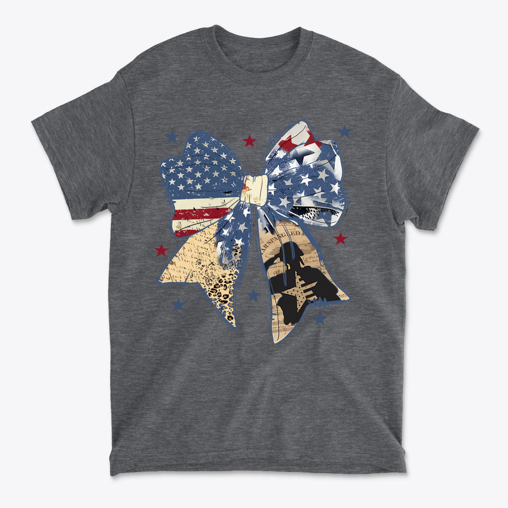 Ribbon As American Flag With Saluting Soldier graphic design on grey t-shirt