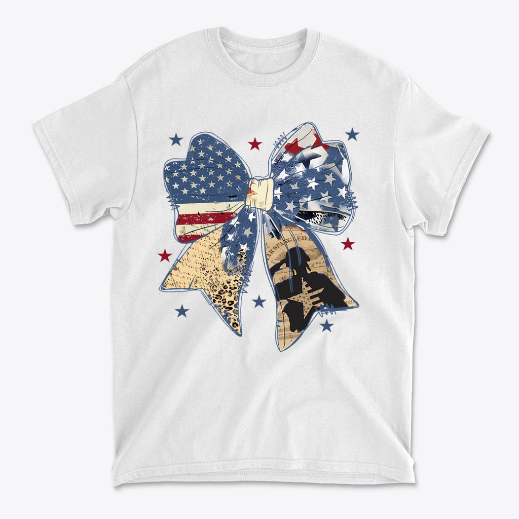Ribbon As American Flag With Saluting Soldier design on a white t-shirt, featuring stars and a patriotic bow.