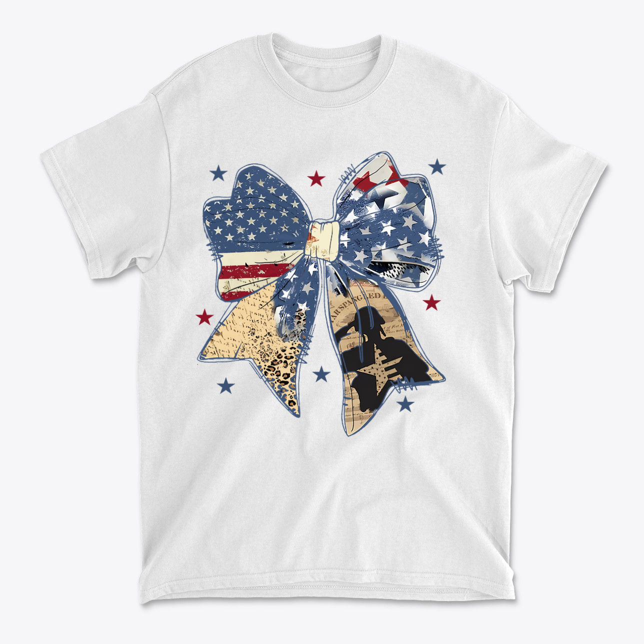 Ribbon As American Flag With Saluting Soldier design on a white t-shirt, featuring stars and a patriotic bow.