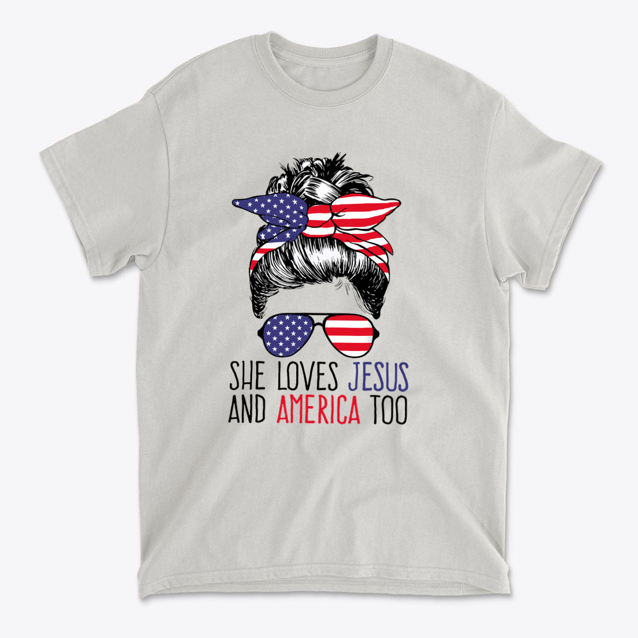 She Loves Jesus And America Too t-shirt with patriotic design featuring a woman with sunglasses and bandana.