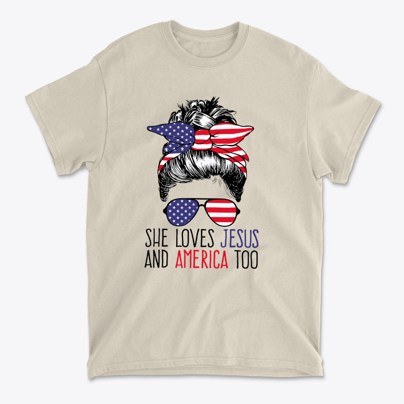 She Loves Jesus And America Too design on beige t-shirt featuring patriotic symbols and sunglasses.