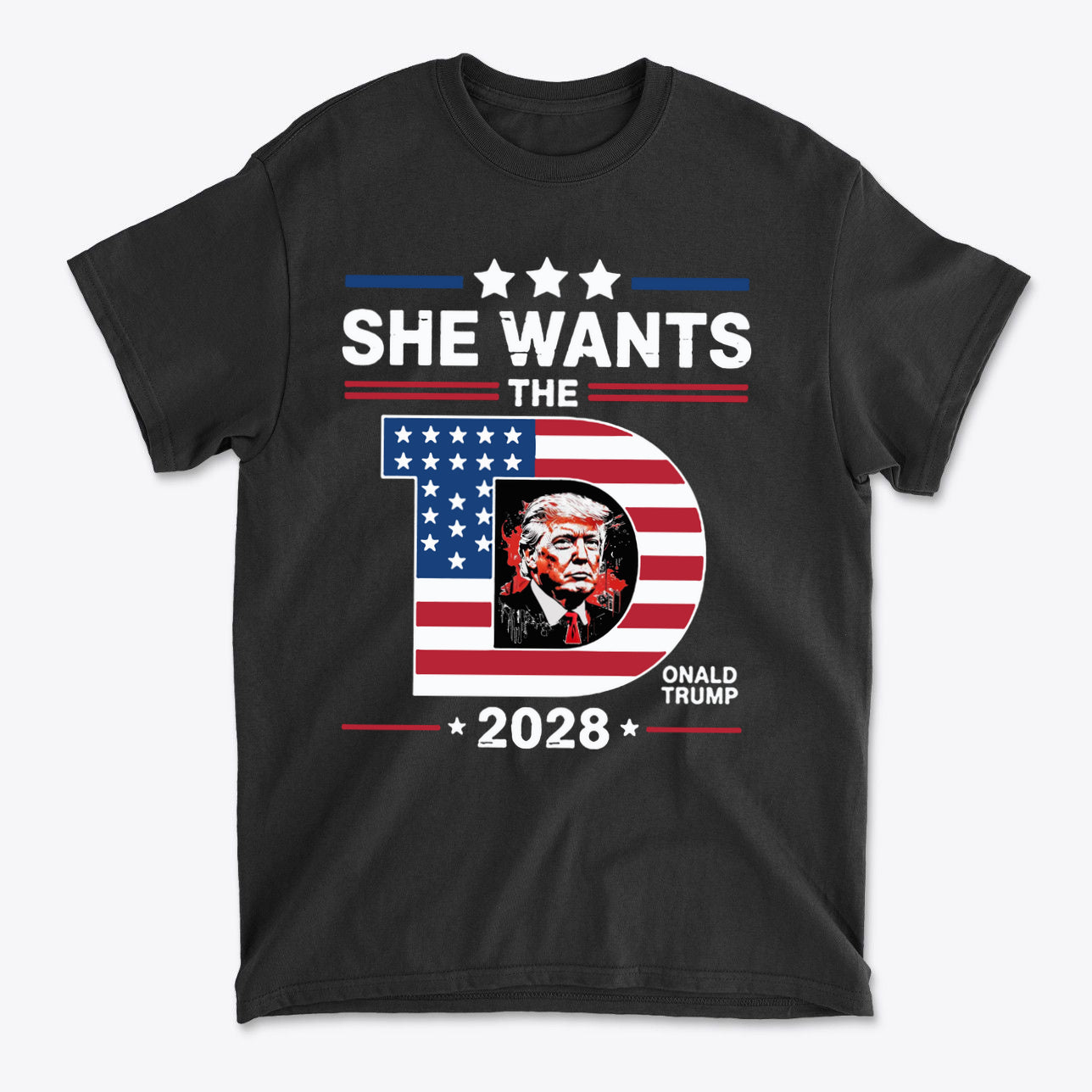 She Wants The Voice 2028 Election Shirt with graphic design featuring American flag and Donald Trump.