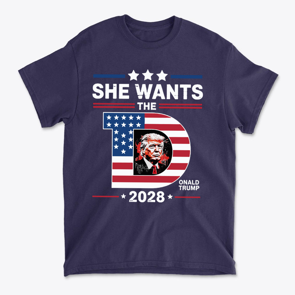 She Wants The Voice 2028 Election Shirt featuring bold graphics and American flag theme for supporters.