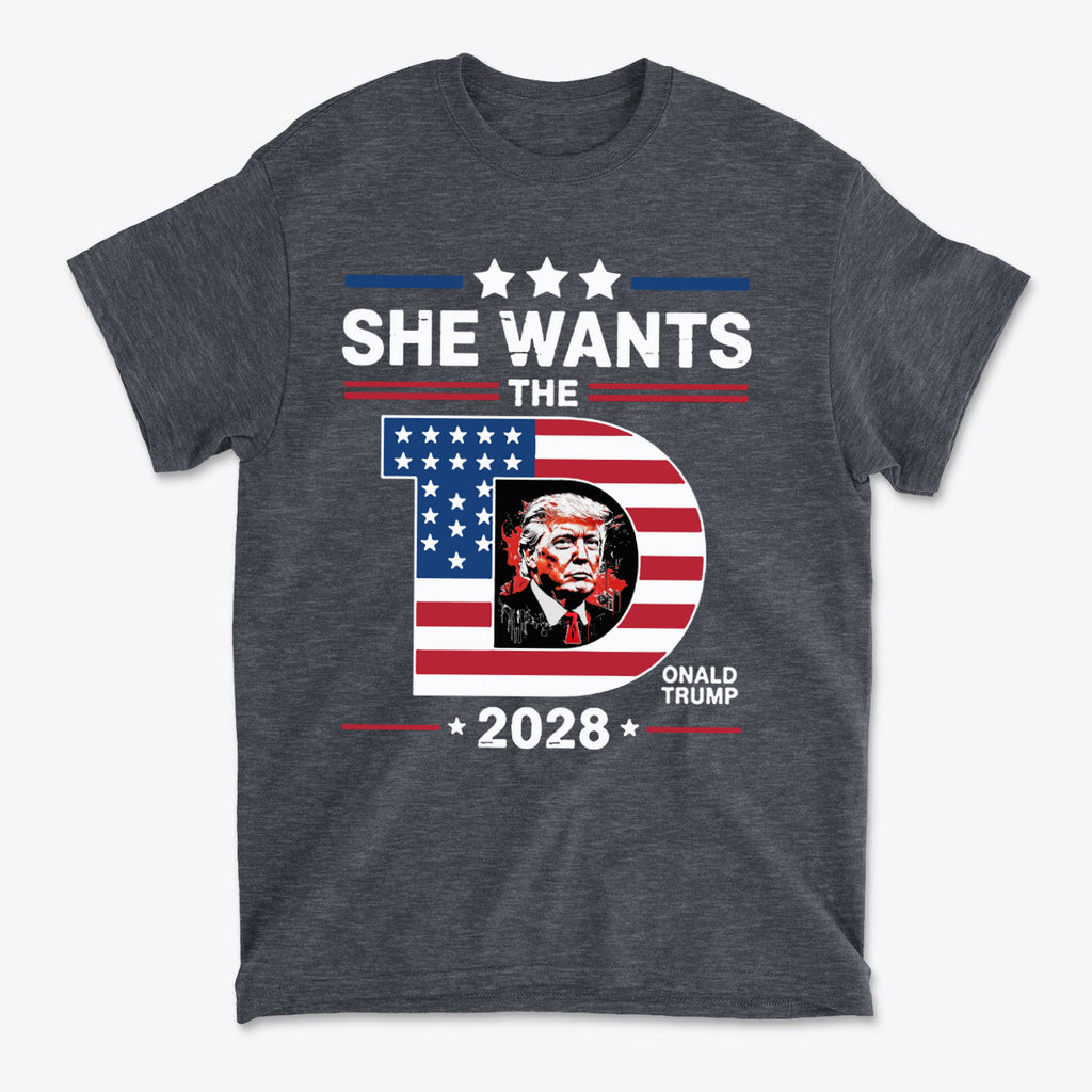 She Wants The Voice 2028 Election Shirt design featuring patriotic colors and graphics supporting the election campaign.