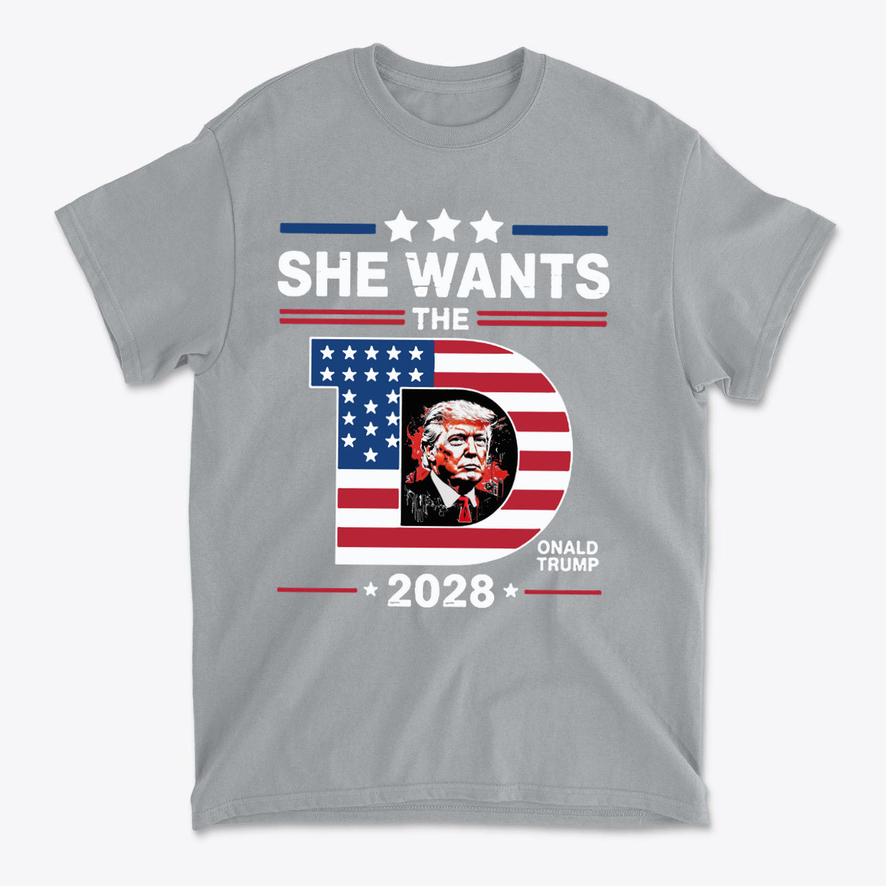 She Wants The Voice 2028 Election Shirt featuring patriotic design with Donald Trump for the 2028 election.