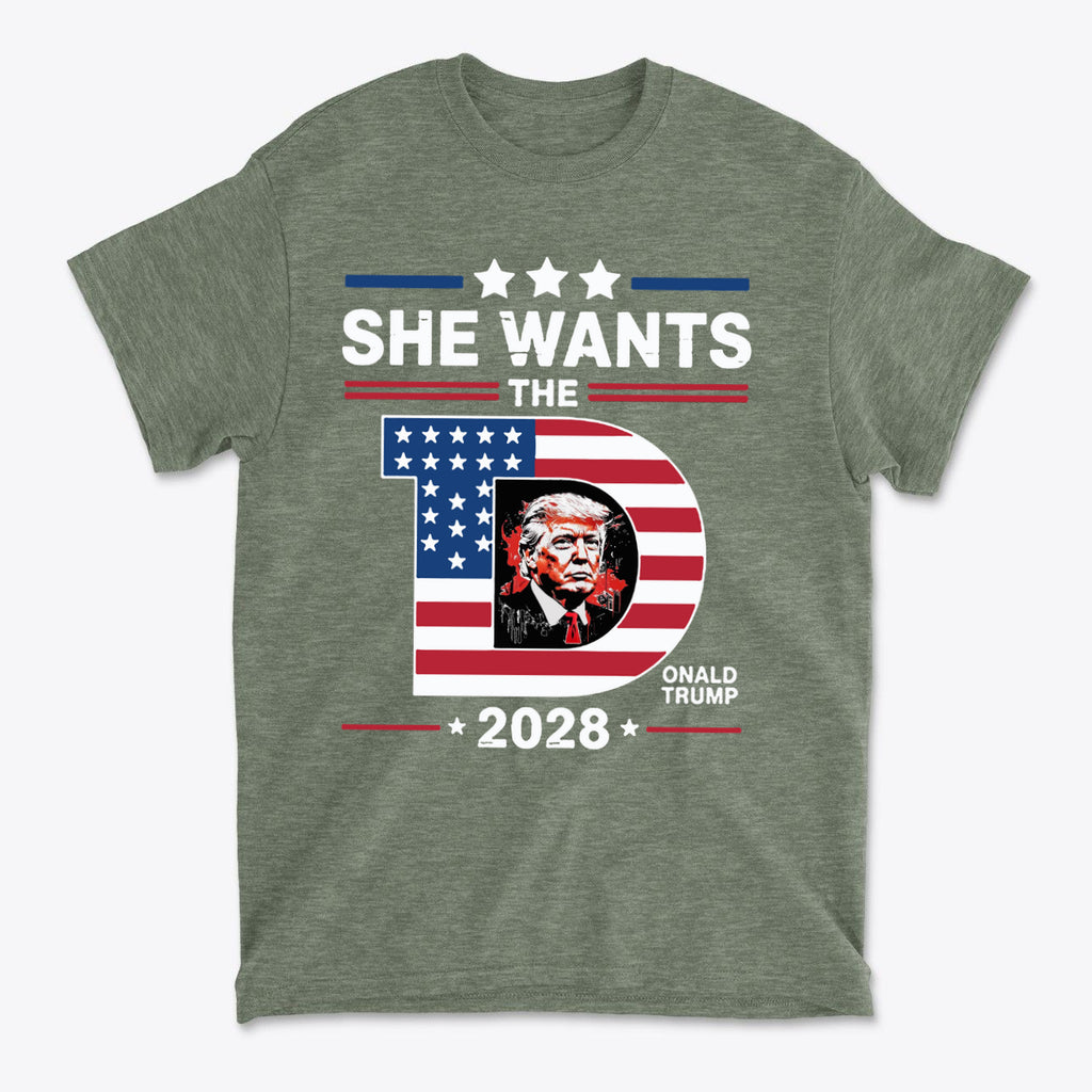 She Wants The Voice 2028 Election Shirt with American flag design and Trump's portrait on a green tee.