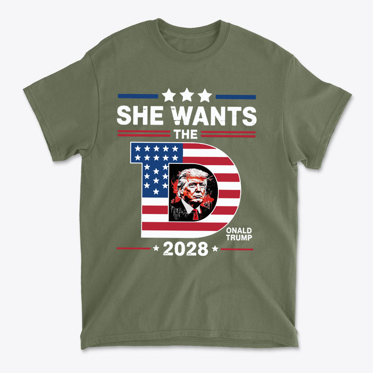 Graphic t-shirt featuring She Wants The Voice 2028 Election Shirt design with patriotic colors and Trump imagery.