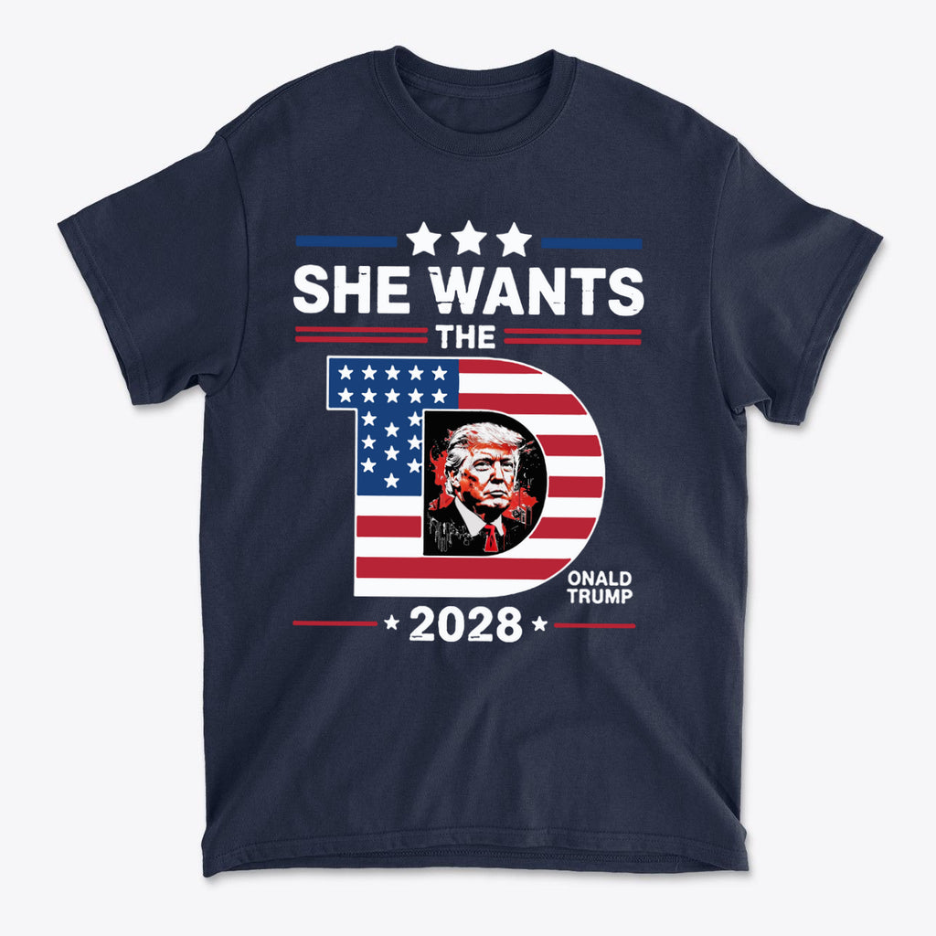 She Wants The Voice 2028 Election Shirt featuring patriotic graphic and Donald Trump design in bold colors.