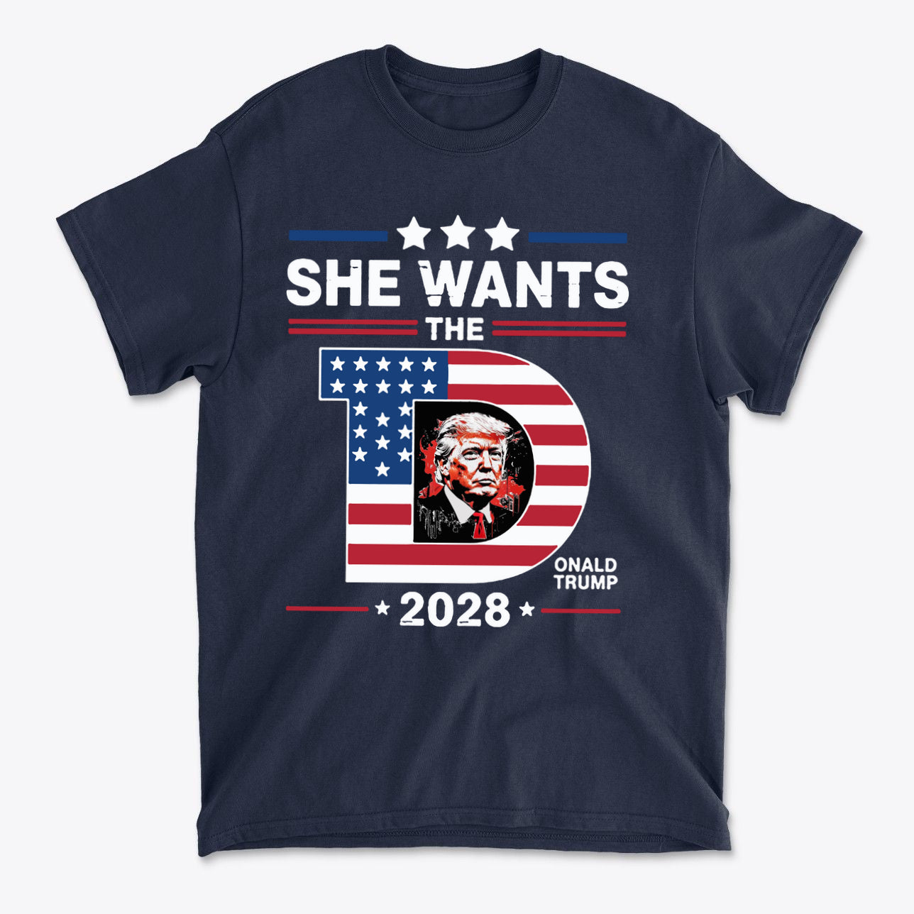 She Wants The Voice 2028 Election Shirt featuring patriotic graphic and Donald Trump design in bold colors.