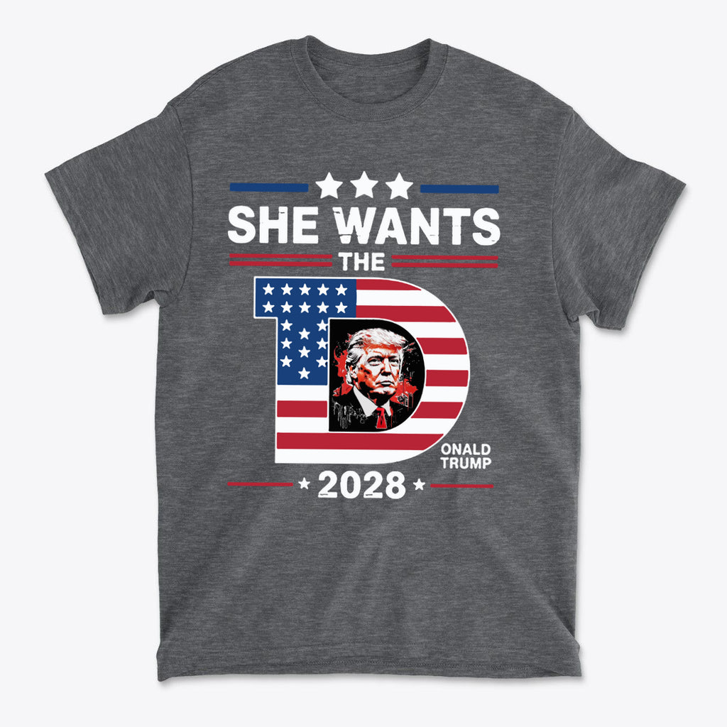 She Wants The Voice 2028 Election Shirt featuring patriotic design with Donald Trump and bold political graphics.
