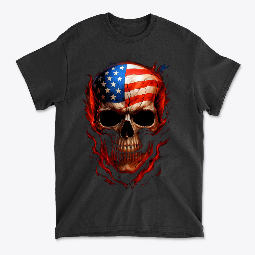 Punisher In Stars And Stripes Aflame graphic t-shirt featuring a skull with American flag design and flames.
