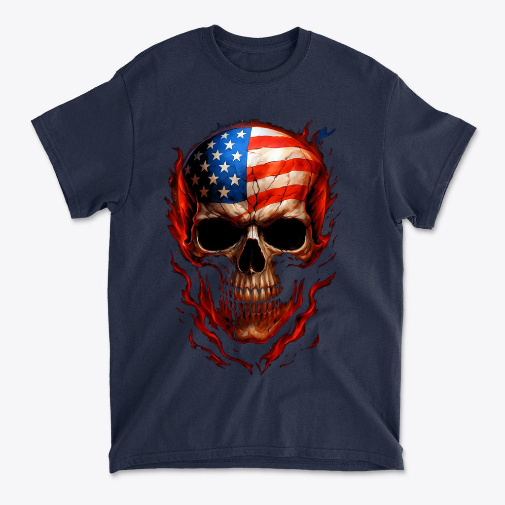 Punisher In Stars And Stripes Aflame design featuring a skull with American flag motif and flames on navy t-shirt.