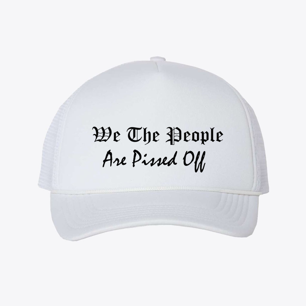 We The People Pissed Off Mesh Back Cap featuring a bold printed message on a white background.