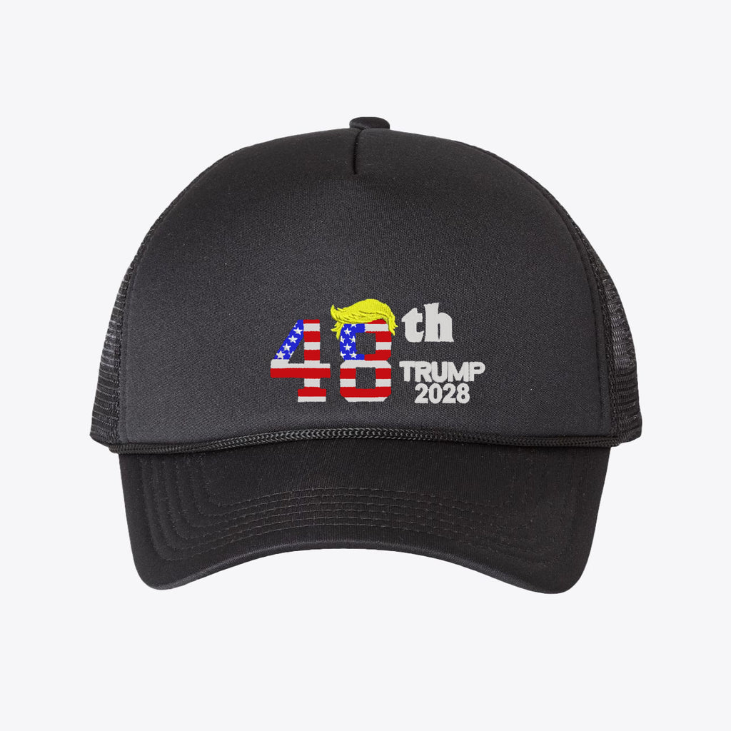 48th Trump 2028 - Foam Mesh-Back Trucker Cap featuring American flag design and bold text.