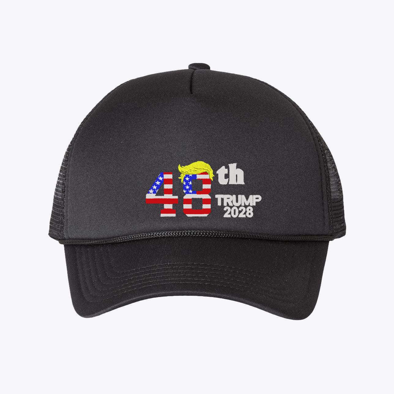 48th Trump 2028 - Foam Mesh-Back Trucker Cap featuring American flag design and bold text.