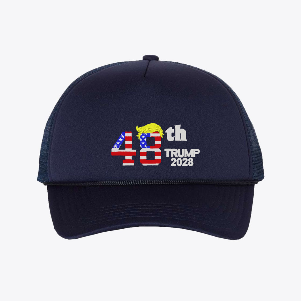 48th Trump 2028 - Foam Mesh-Back Trucker Cap featuring patriotic colors and design.