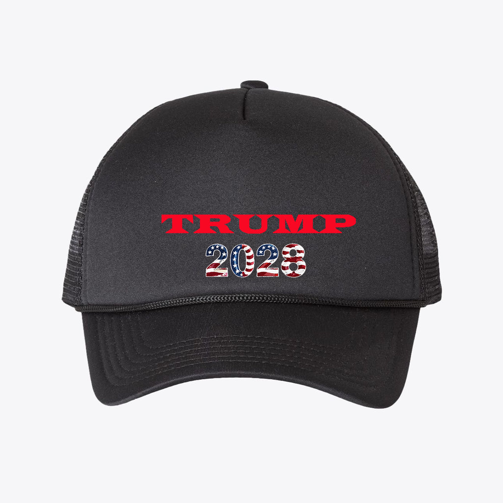 Trump 2028 - Foam Mesh-Back Trucker Cap featuring bold red text with patriotic design.