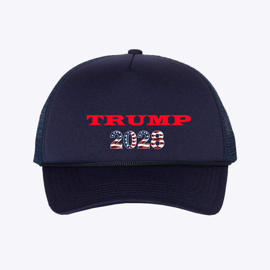 Trump 2028 - Foam Mesh-Back Trucker Cap featuring a navy design and bold lettering.