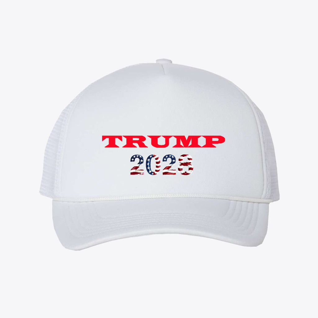 Trump 2028 - Foam Mesh-Back Trucker Cap featuring red and blue graphics on a white background