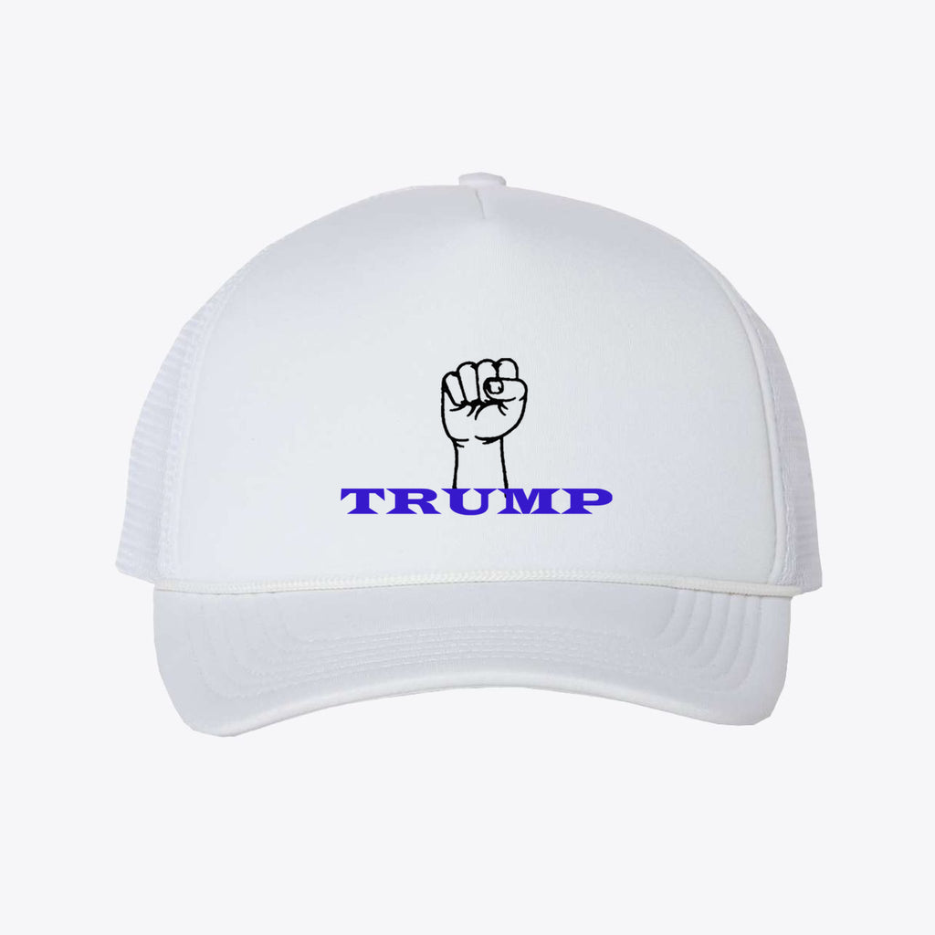 Trump And Fist - Foam Mesh-Back Trucker Cap featuring a bold fist graphic and the word Trump.