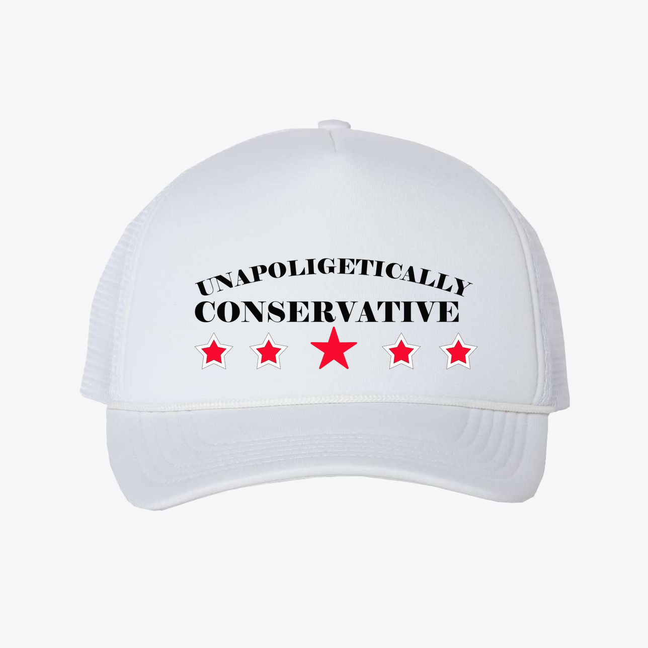 Unapologetically Conservative - Foam Mesh-Back Trucker Cap with stars on a white background.