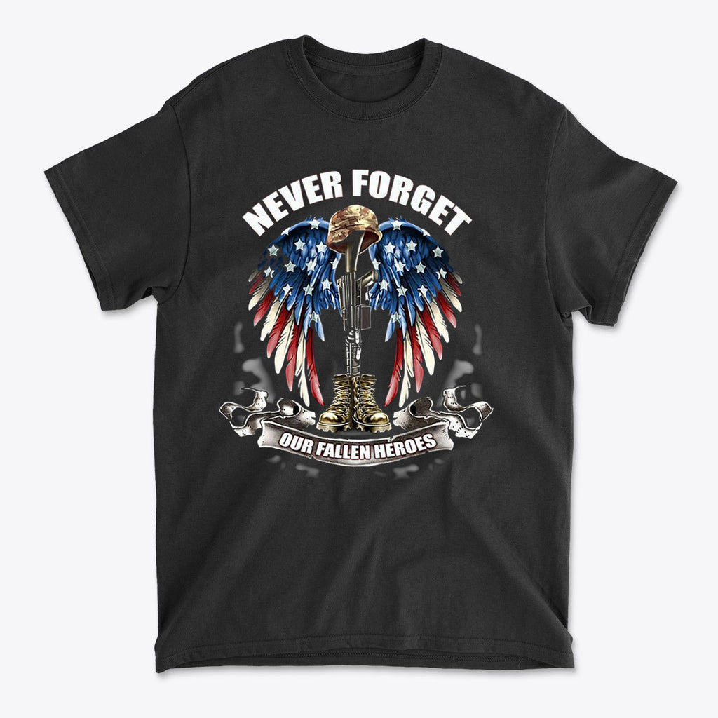 Black t-shirt featuring the phrase 'NEVER FORGET OUR FALLEN HEROES' with patriotic design and military elements.