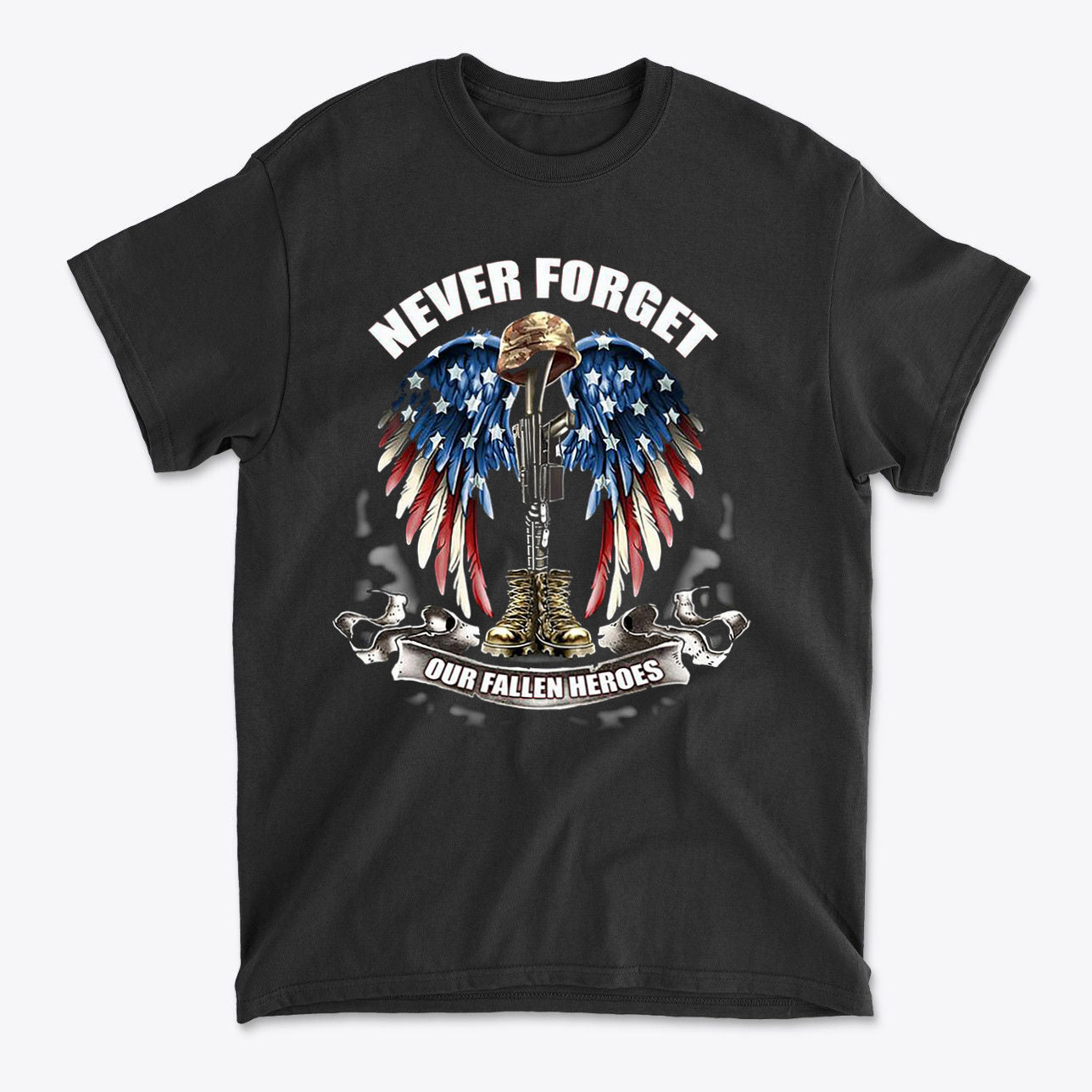 Black t-shirt featuring the phrase 'NEVER FORGET OUR FALLEN HEROES' with patriotic design and military elements.
