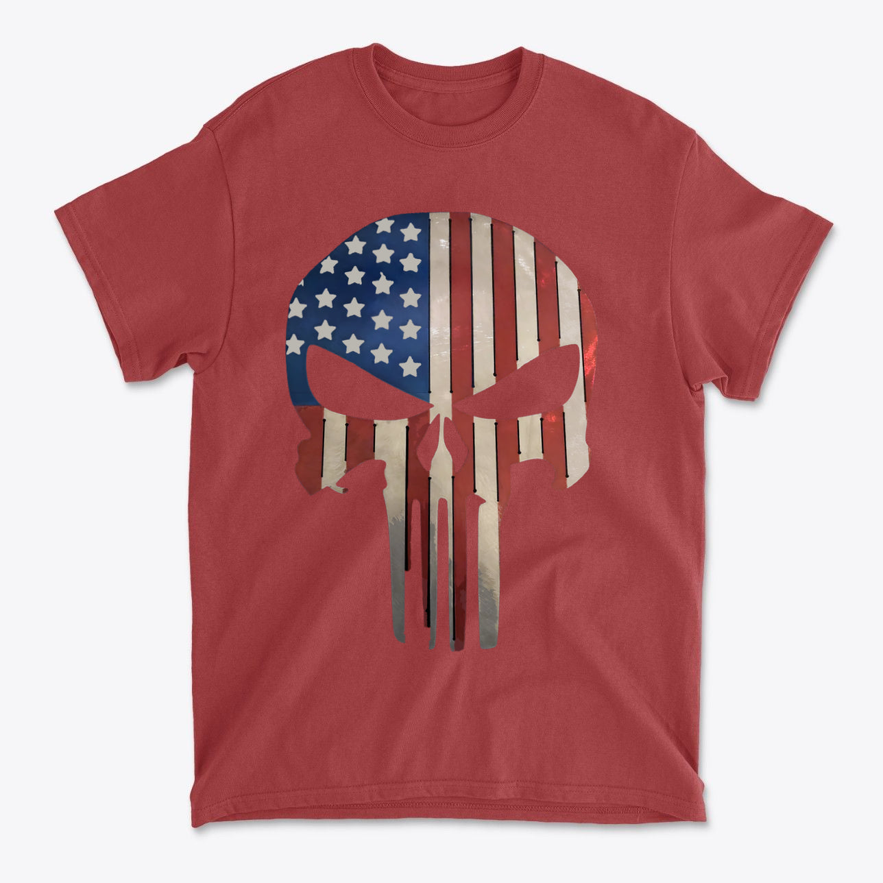 Punisher in Stars And Stripes 2 graphic tee featuring an American flag design on a red shirt.