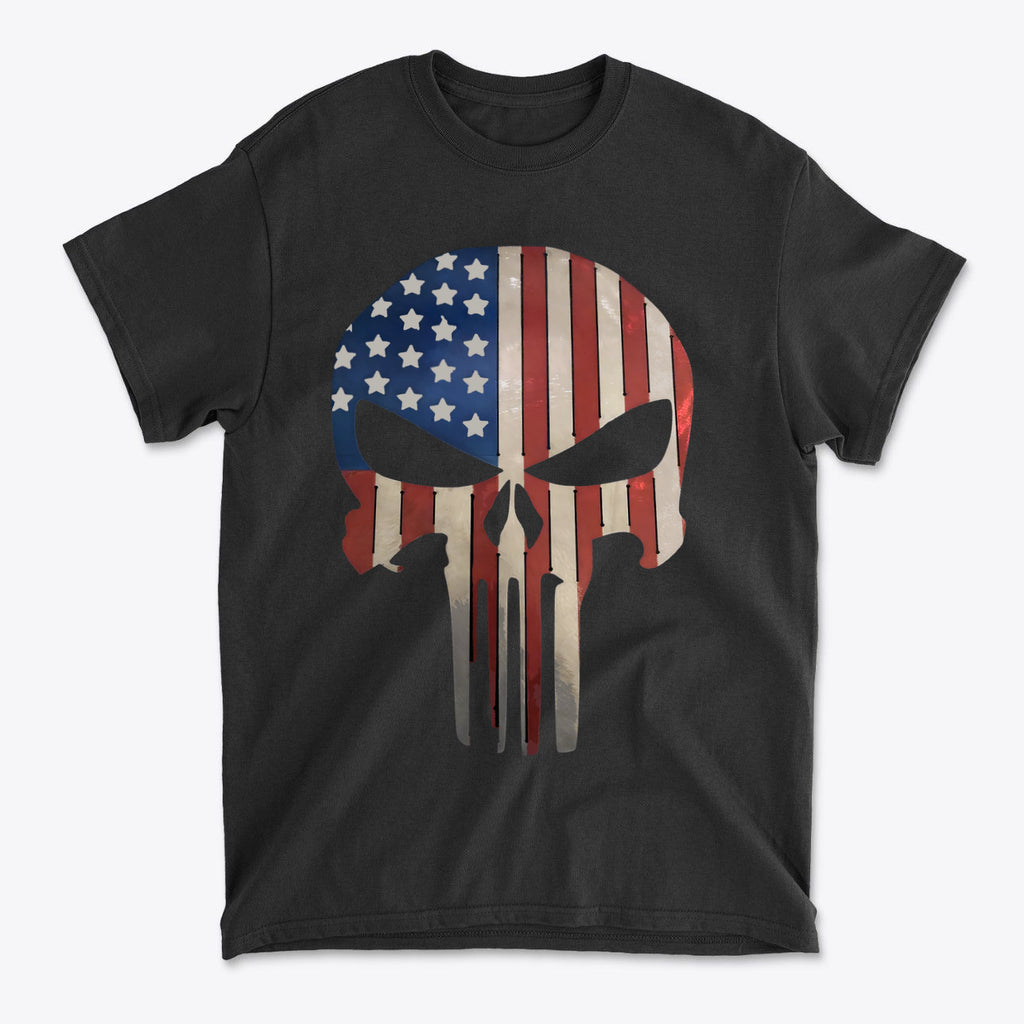 Punisher in Stars And Stripes 2 t-shirt featuring a skull design with American flag colors.