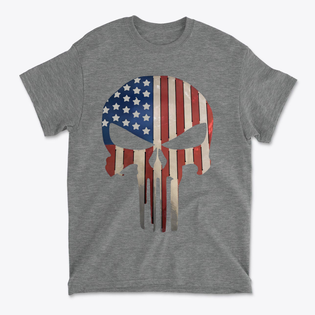 Punisher in Stars And Stripes 2 graphic t-shirt featuring a skull design with American flag colors.