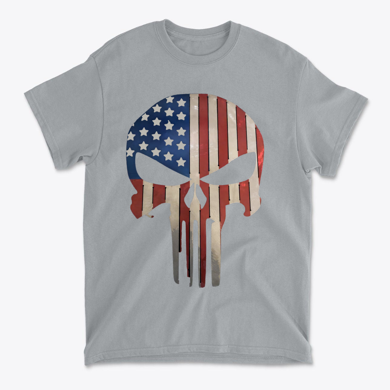 Punisher in Stars And Stripes 2 graphic t-shirt featuring a skull design with American flag colors.