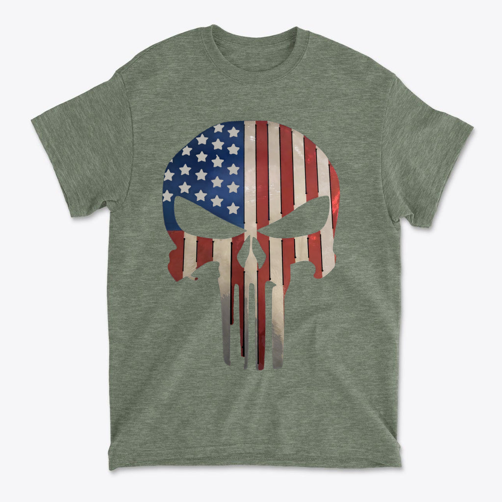 Punisher in Stars And Stripes 2 graphic t-shirt featuring a skull design with American flag colors.