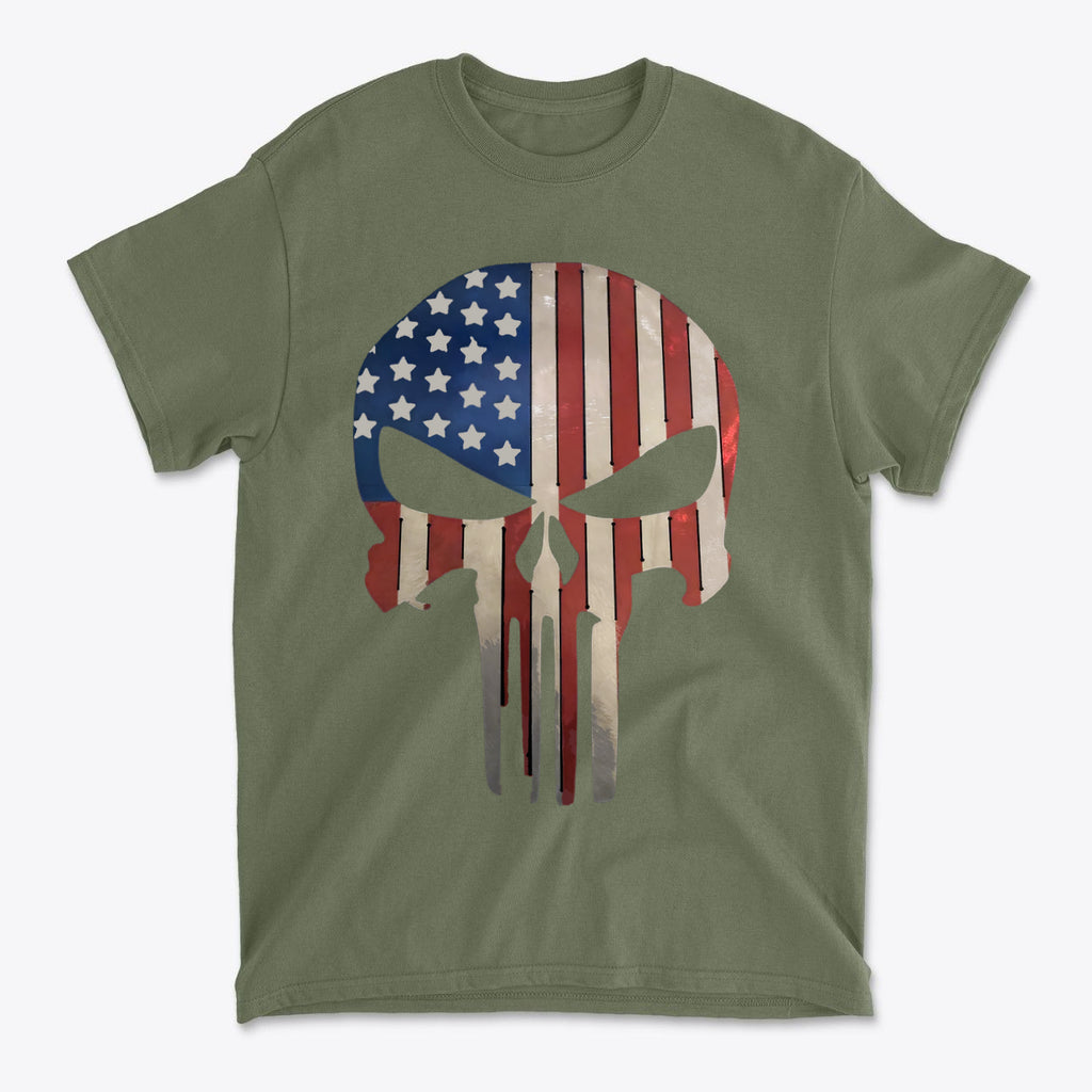 Punisher in Stars And Stripes 2 graphic T-shirt featuring an American flag design.