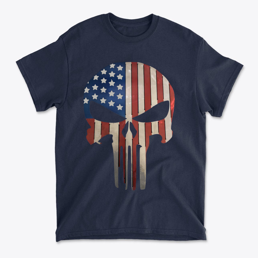 Punisher in Stars And Stripes 2 graphic t-shirt featuring a skull design with American flag colors.