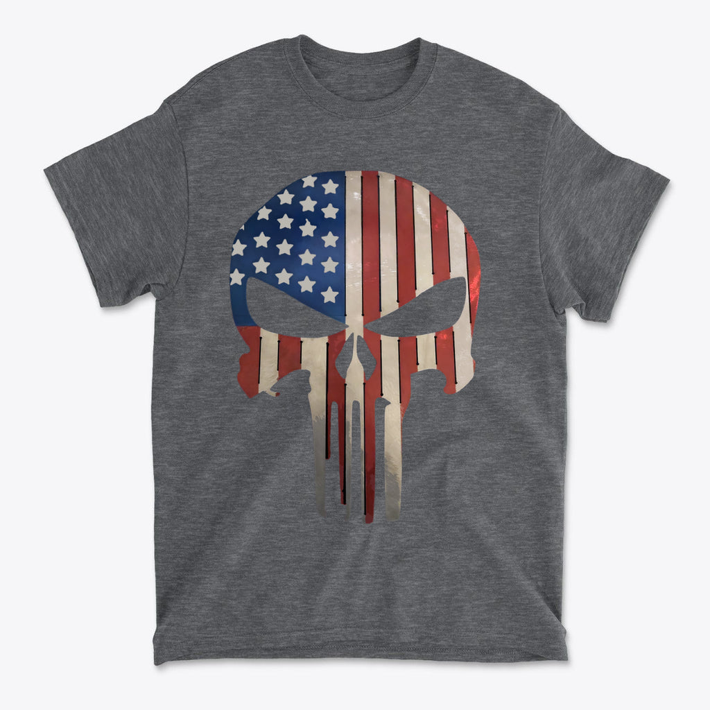 Punisher in Stars And Stripes 2 graphic t-shirt featuring patriotic design on a gray background.