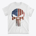 Punisher in Stars And Stripes 2 design on a white t-shirt featuring an American flag skull graphic.