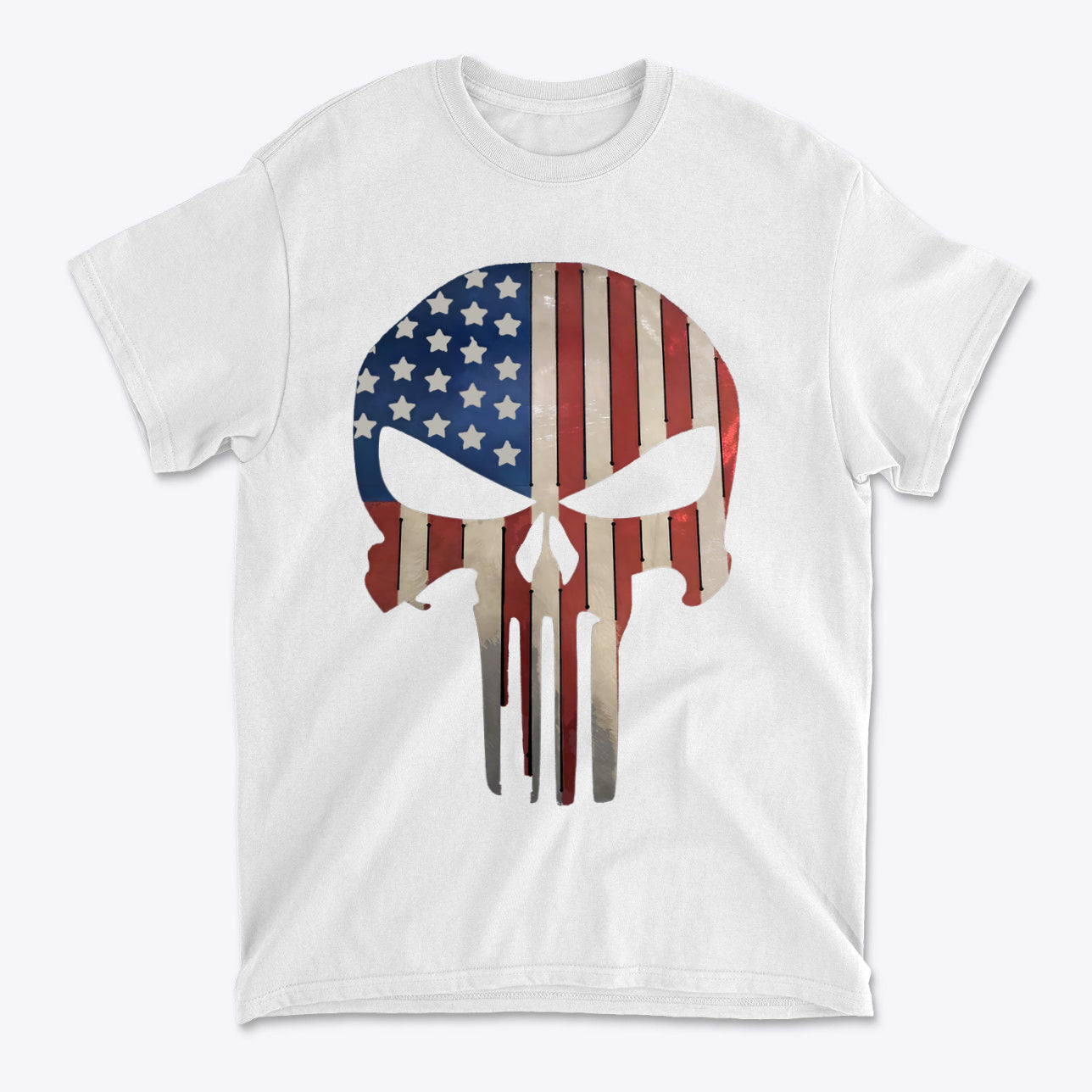 Punisher in Stars And Stripes 2 design on a white t-shirt featuring an American flag skull graphic.