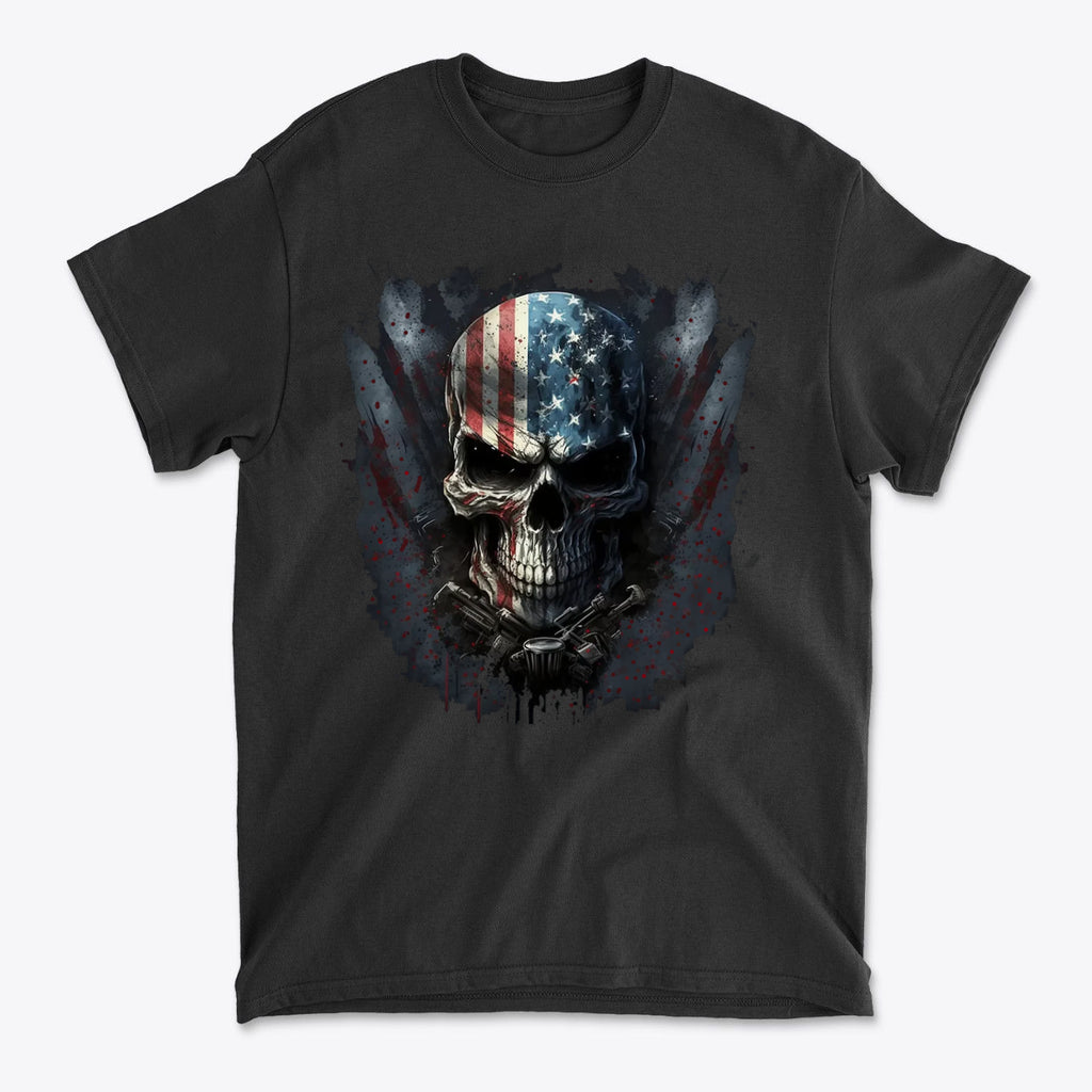 Punisher In Stars And Stripes 3 graphic t-shirt featuring a skull and American flag design on a black background.