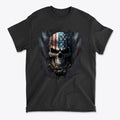 Punisher In Stars And Stripes 3 graphic t-shirt featuring a skull and American flag design on a black background.