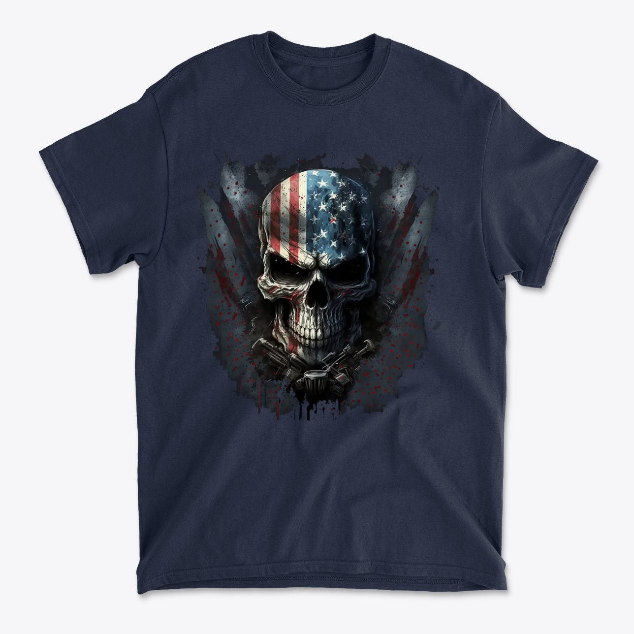 Punisher In Stars And Stripes 3 t-shirt featuring a skull design with American flag elements