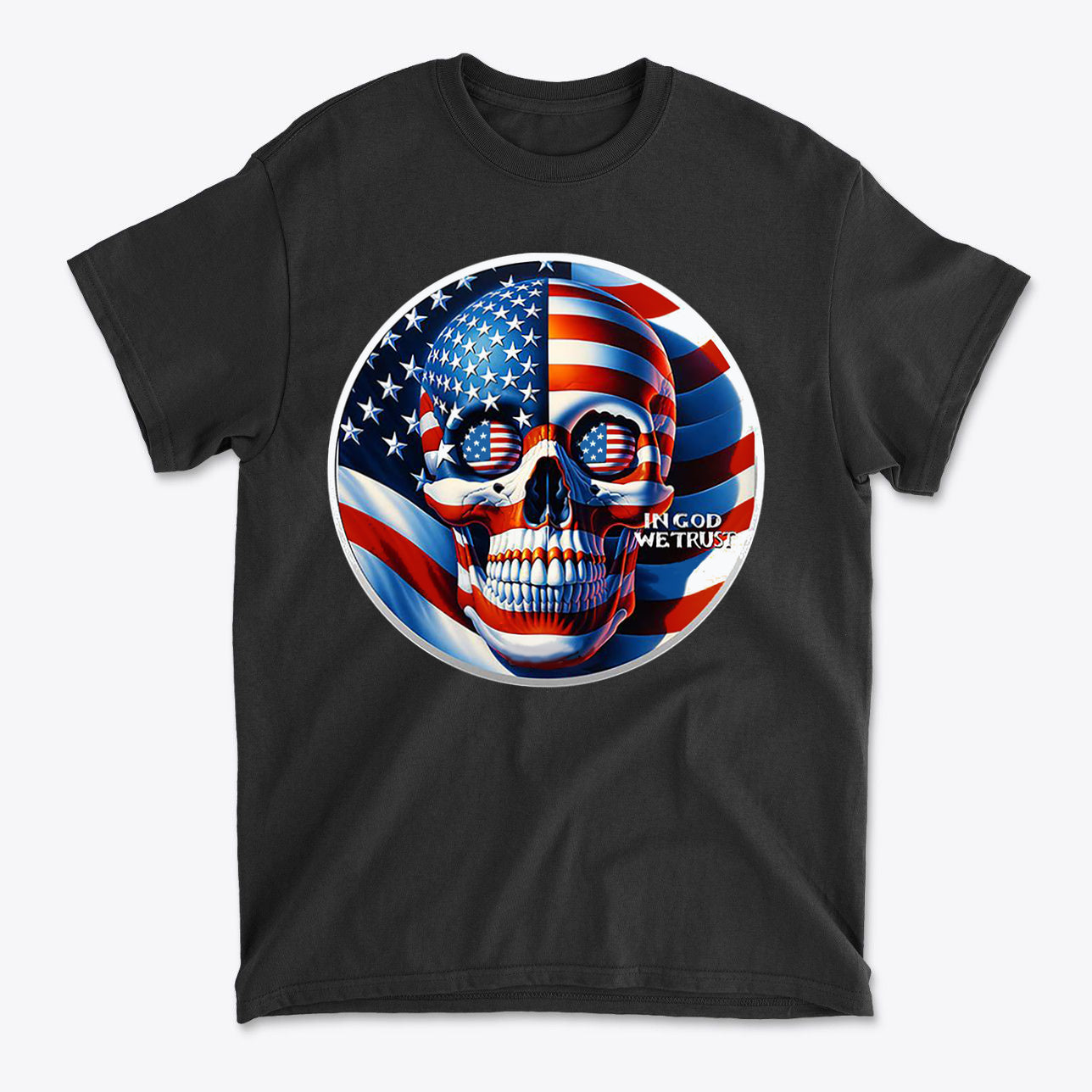 Punisher In Stars And Stripes In God We Trust graphic on black t-shirt featuring American flag design and skull motif.