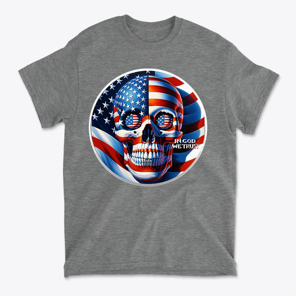 Punisher In Stars And Stripes In God We Trust T-shirt featuring a skull design with American flag colors.