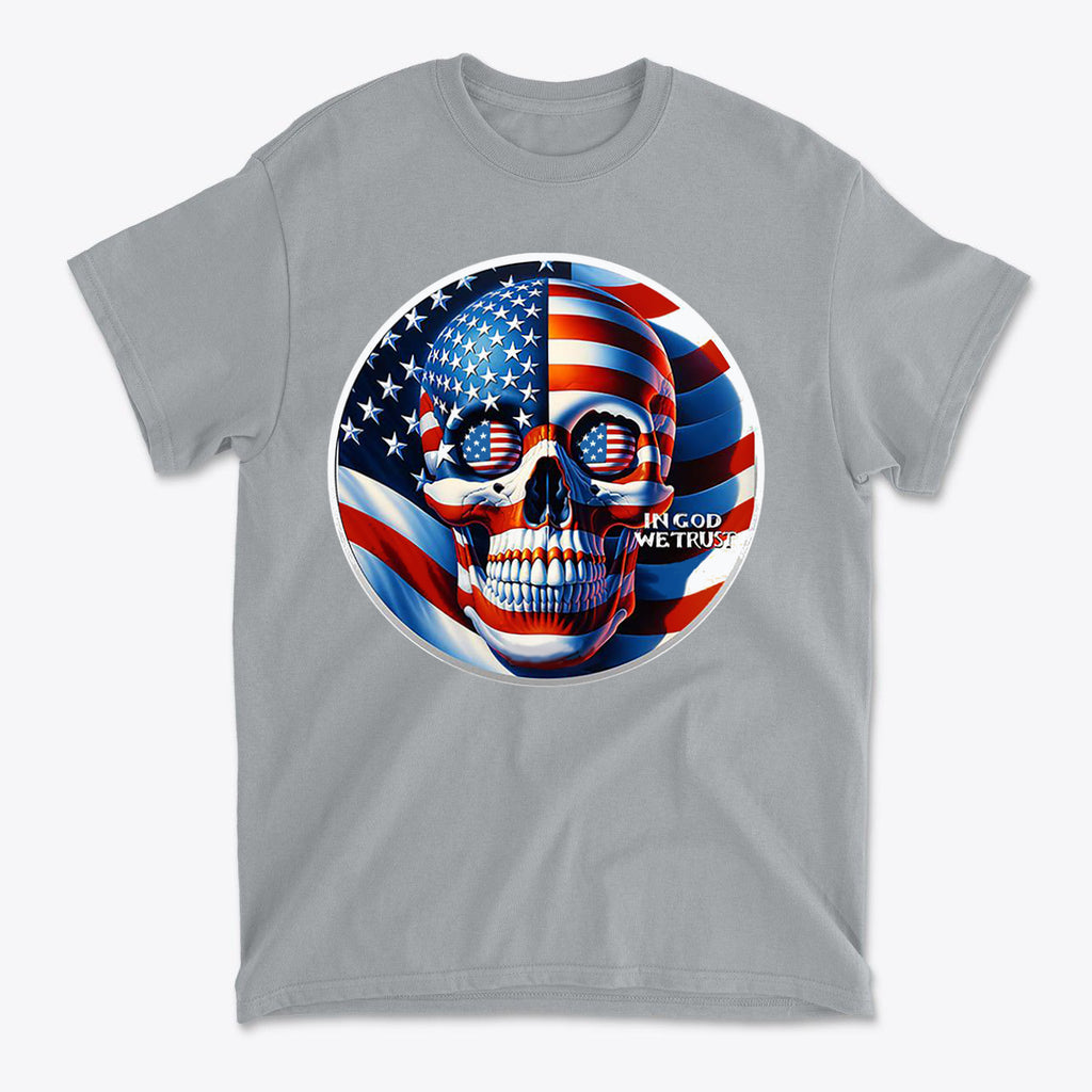Punisher In Stars And Stripes In God We Trust T-shirt with skull and American flag design.