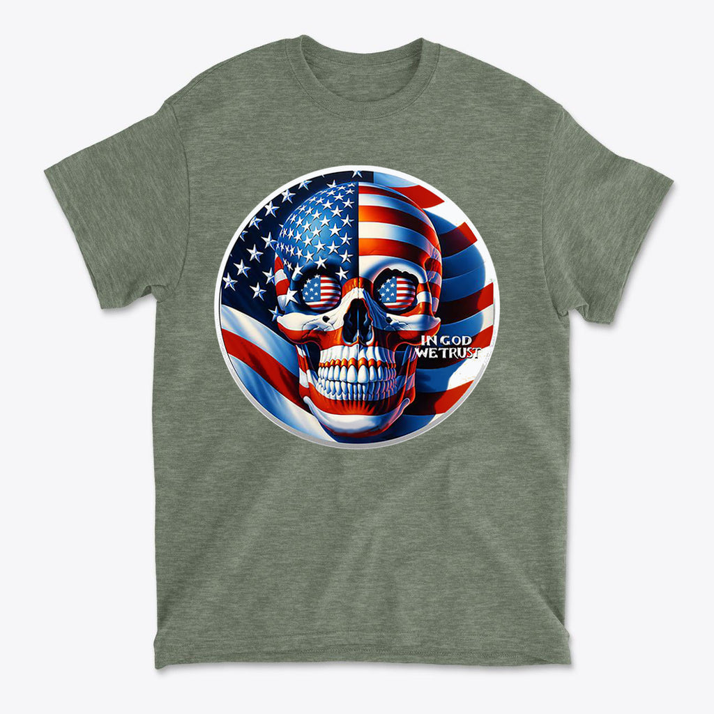 Punisher In Stars And Stripes In God We Trust t-shirt featuring a skull design with American flag colors.