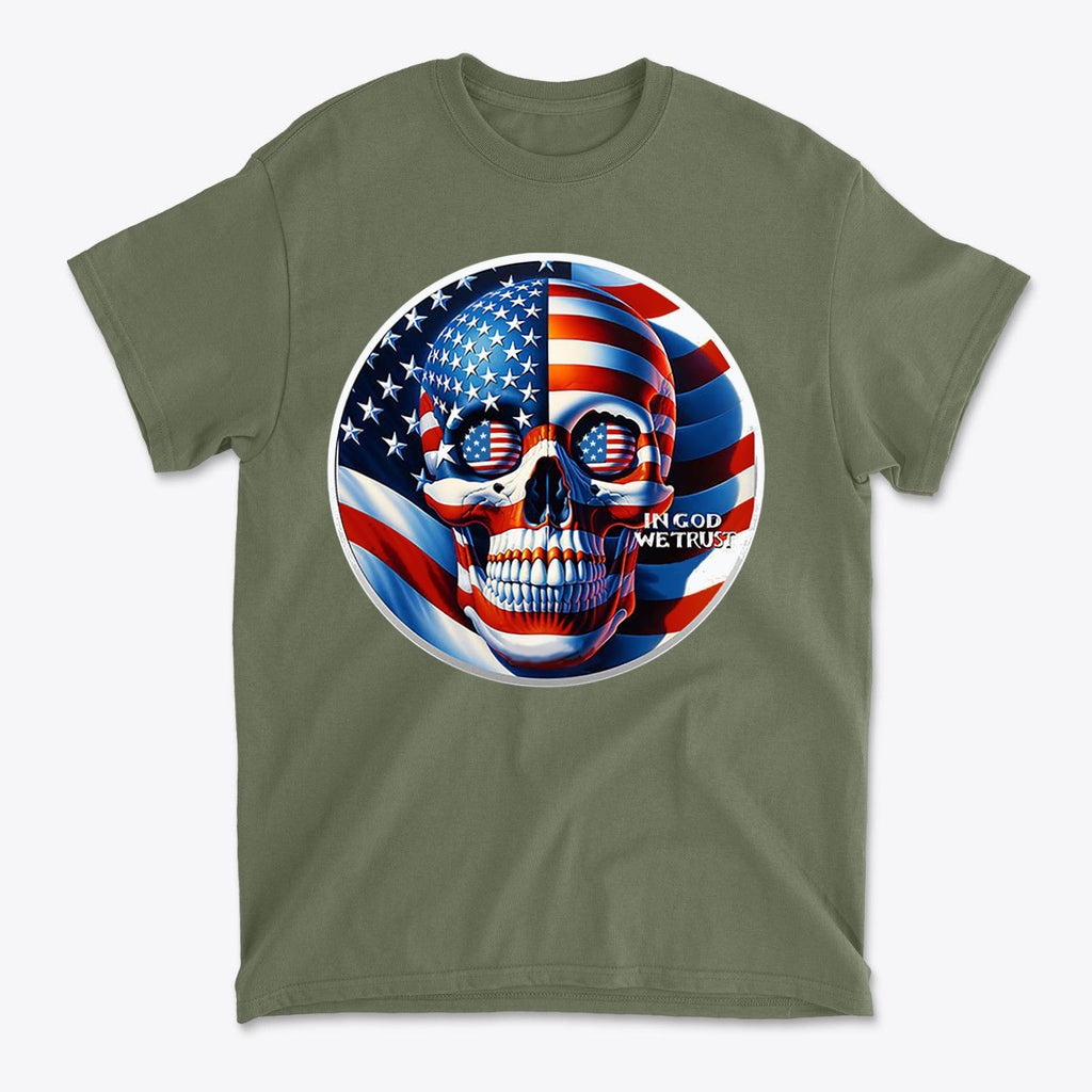 Punisher In Stars And Stripes In God We Trust t-shirt featuring a skull and American flag design.