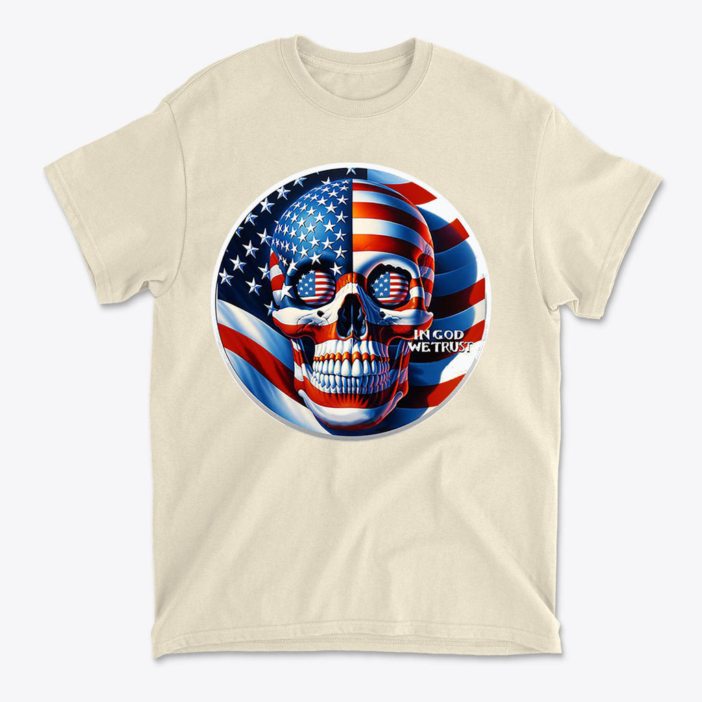 Punisher In Stars And Stripes In God We Trust t-shirt featuring an American flag and skull design.