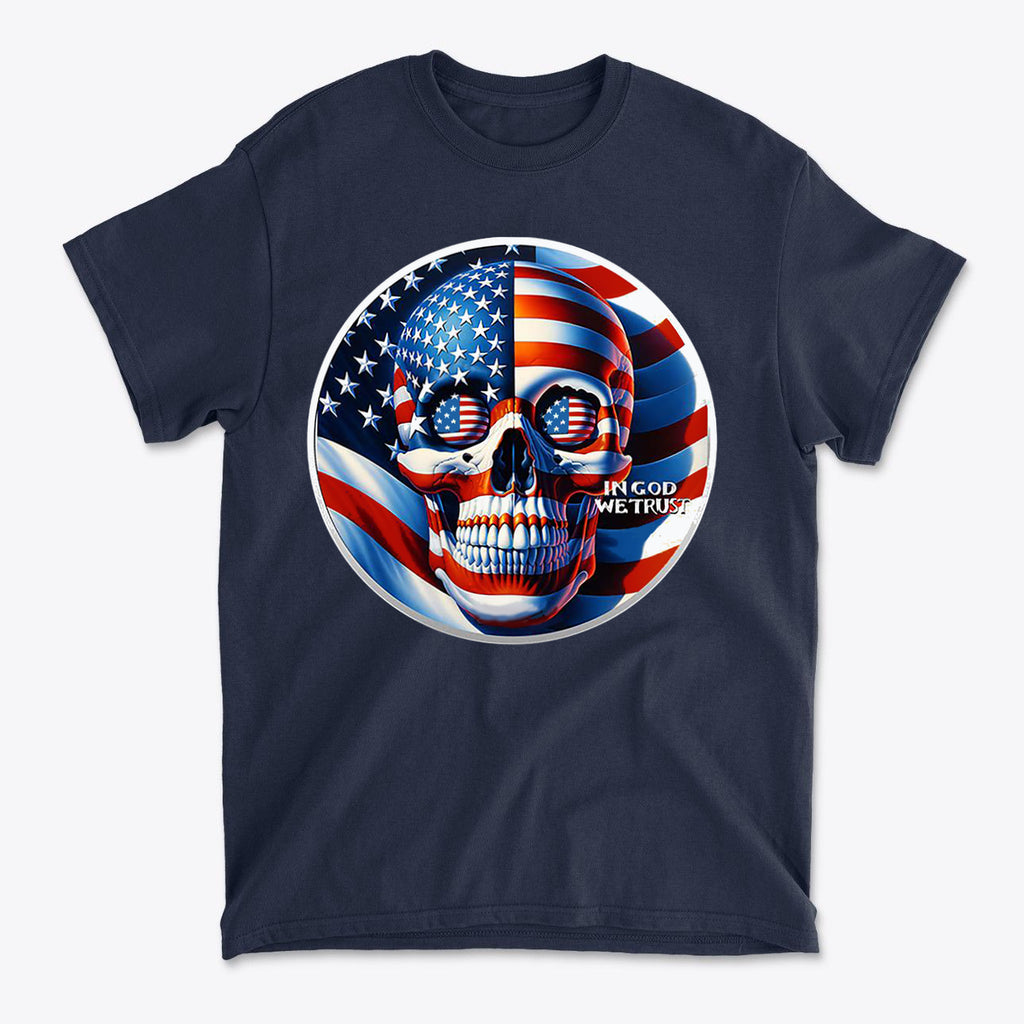 Punisher In Stars And Stripes In God We Trust graphic t-shirt featuring an American flag skull design.