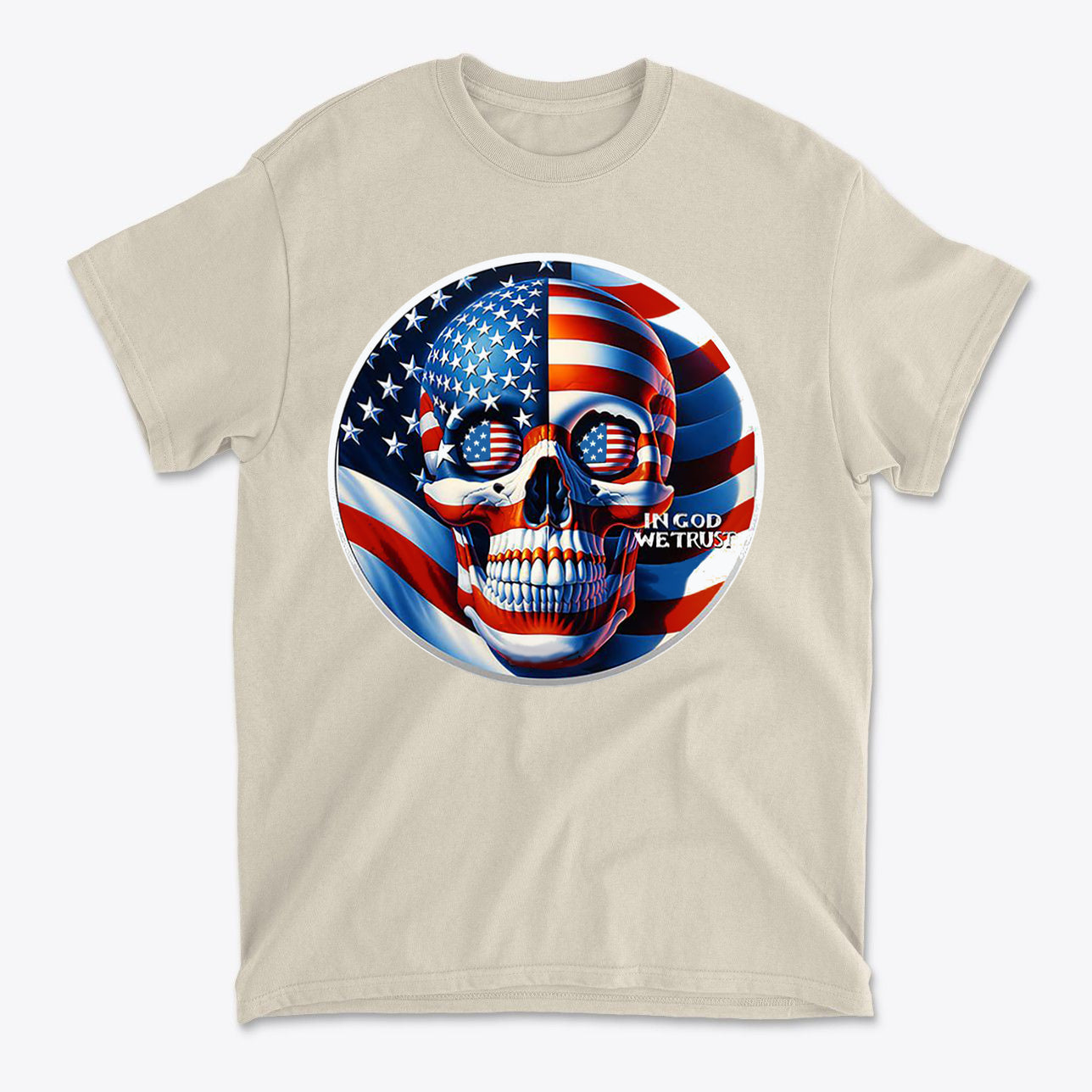 Punisher In Stars And Stripes In God We Trust t-shirt featuring a skull with American flag design.