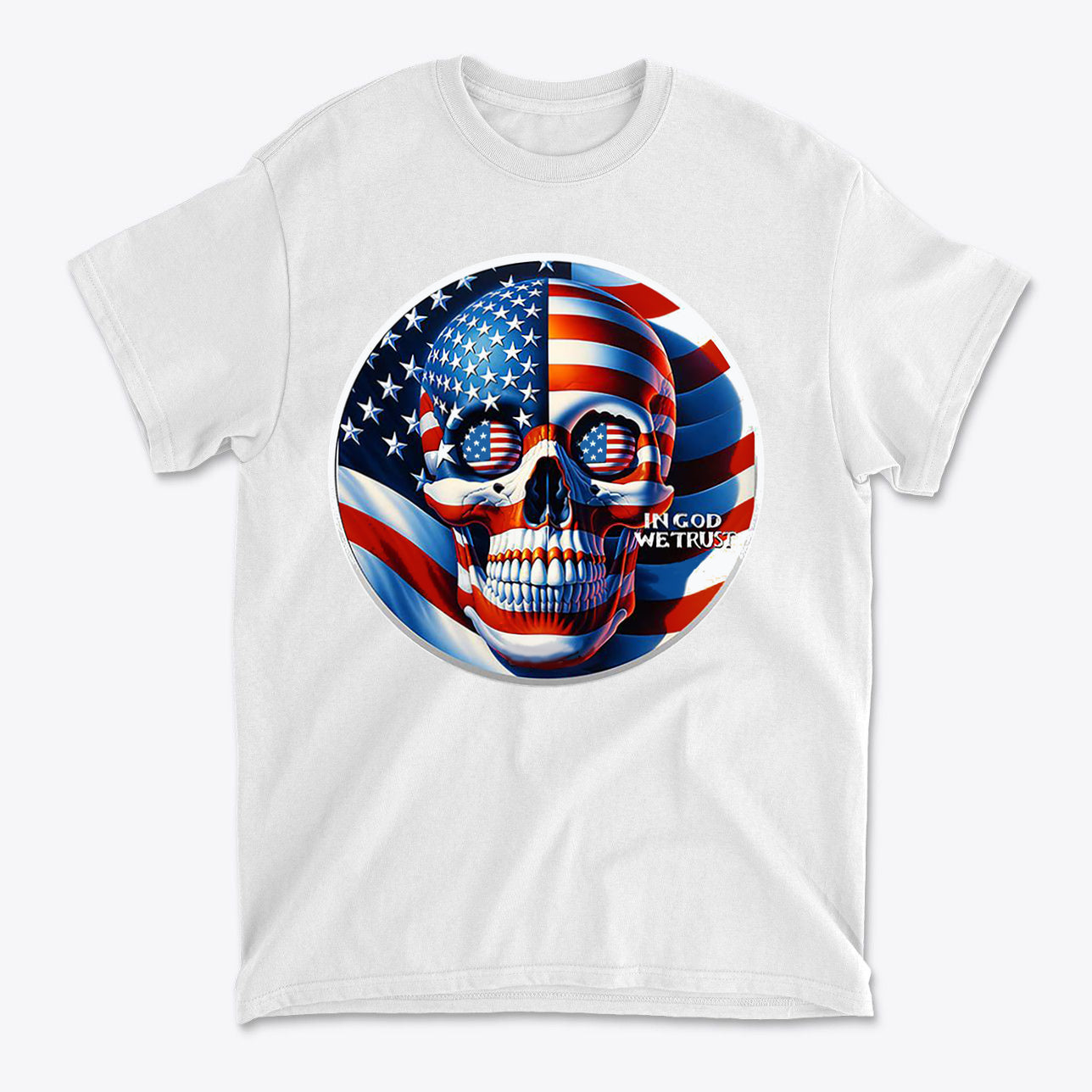 Punisher In Stars And Stripes In God We Trust t-shirt with patriotic skull design and American flag colors.