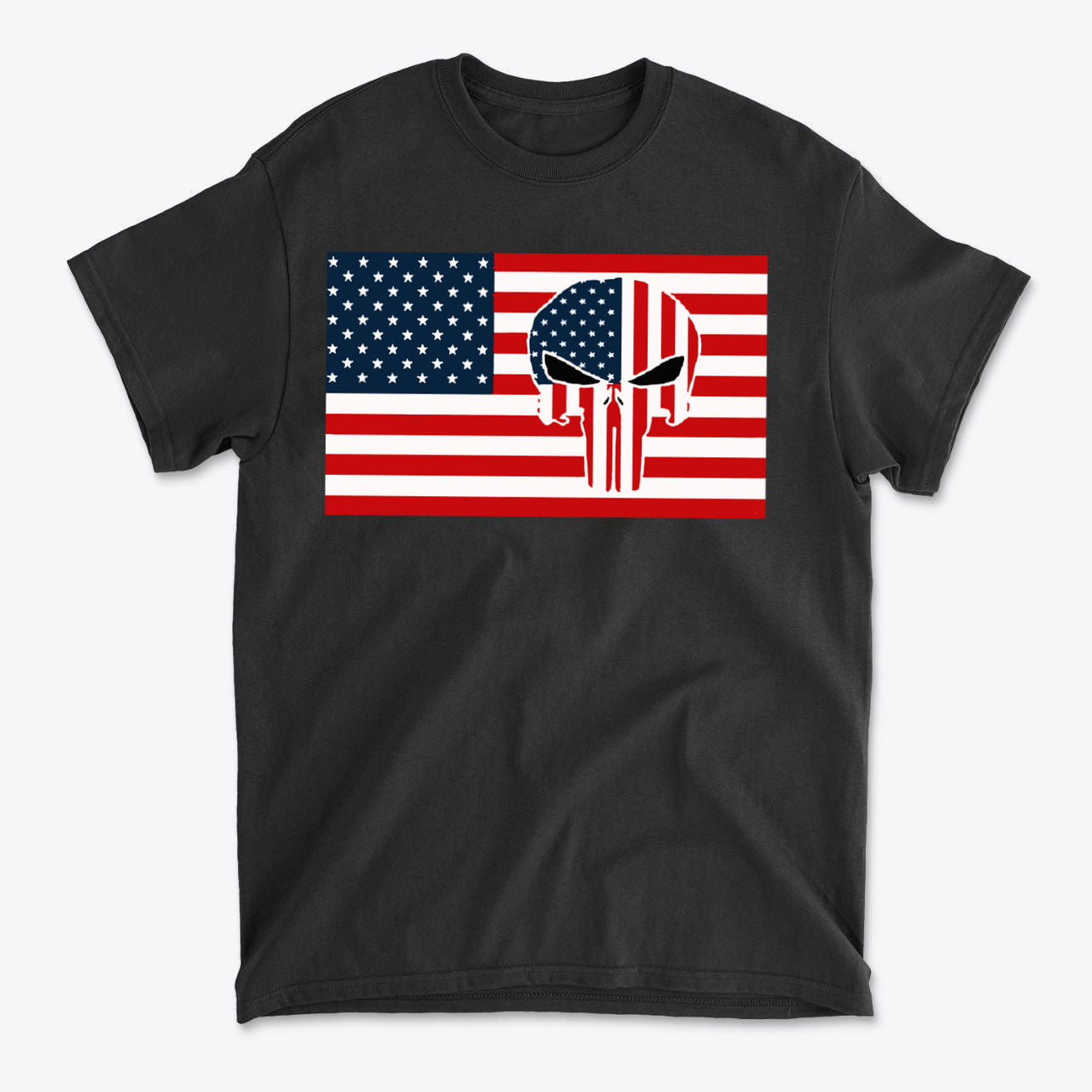 Punisher In Stars And Stripes On American Flag graphic t-shirt design featuring American flag and Punisher logo.